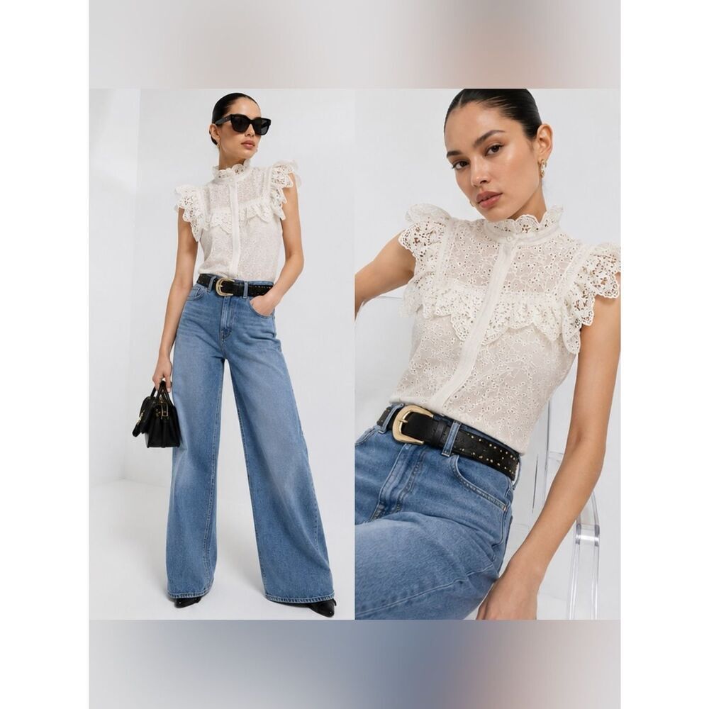 Alice + Olivia Marian Eyelet & Ruffle lace Blouse ivory
